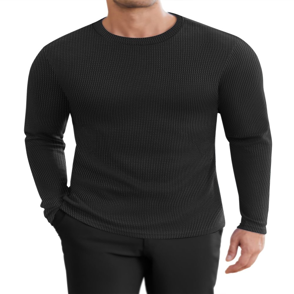 Ekouaer Men's Long Sleeve Shirts Honeycomb Waffle Pullover Sweater Crewneck Thermal Tops Lightweight Undershirts Black