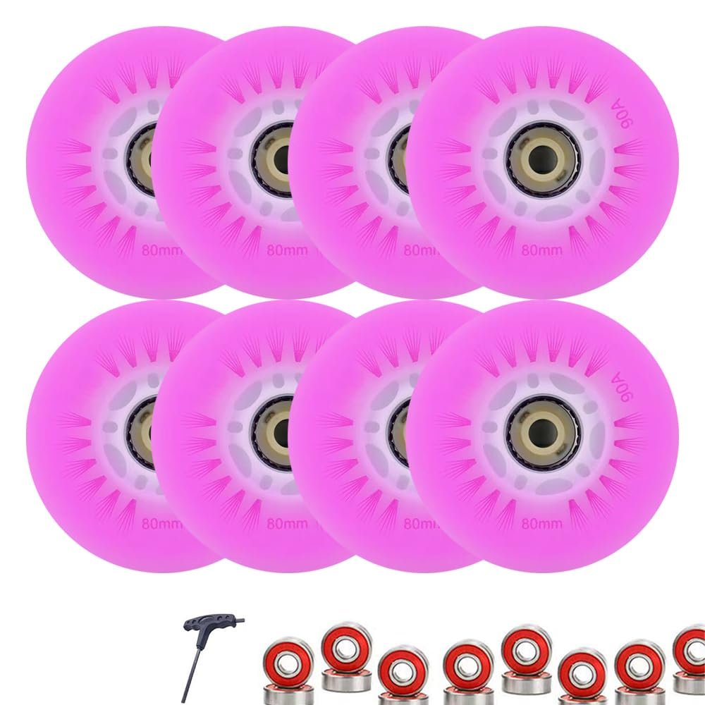 8 Pack Light Up Inline Skate Wheels 72mm 76mm 80mm 64mm 68mm 70mm Inline Wheels Replacement with ABEC9 Bearing 90A Indoor Outdoor Wheel (Pink,76mm)