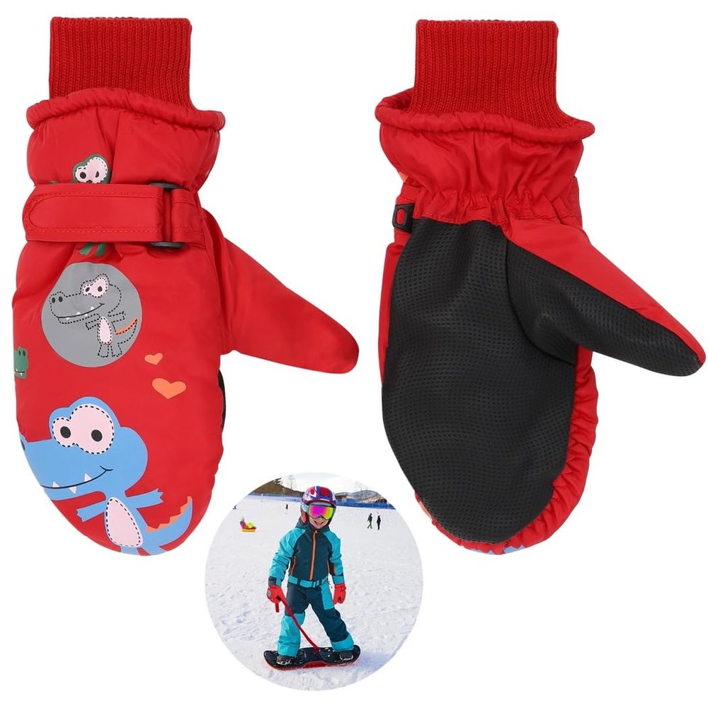 Warm Ski Mittens For Kids Aged 4-8, Waterproof & Windproof, Coral Fleece Snow Gloves, Cute Dinosaur Design Winter Mittens