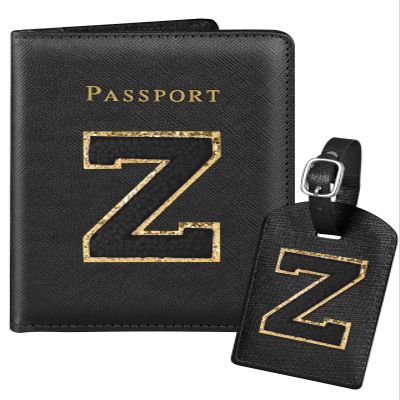 Slohif Passport Holder Initial Lugguage Tag Set Suitcase Cover Wallet Case for Travel Women - Leather Letter Passport Book Personalized Organizer Card Protector Sleeve Essentials Slim Carrier Black Z