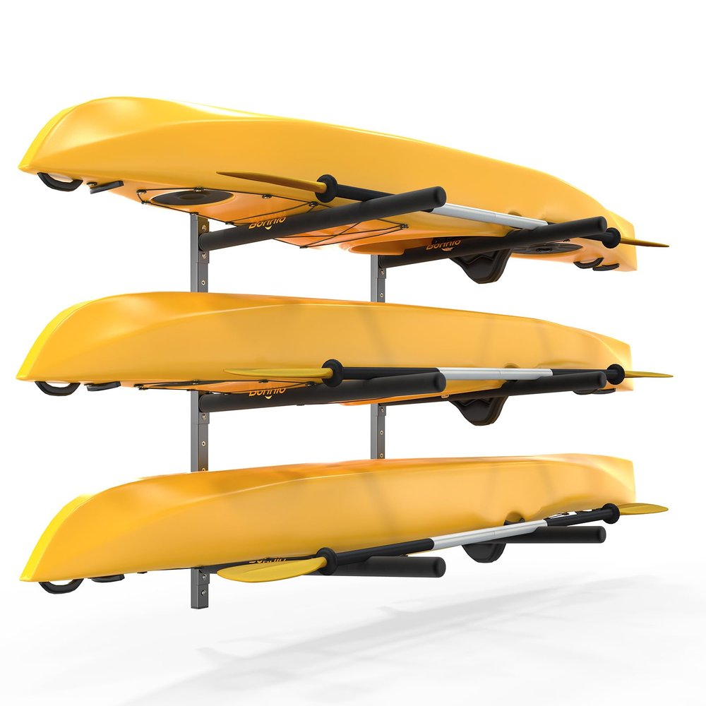 Bonnlo Adjustable Kayak Rack, Heavy Duty Wall Mount for 3 Kayaks & Paddle Boards, Holds up to 414 lbs, Spacesaver, Gentle on Padding, Boat Organizer