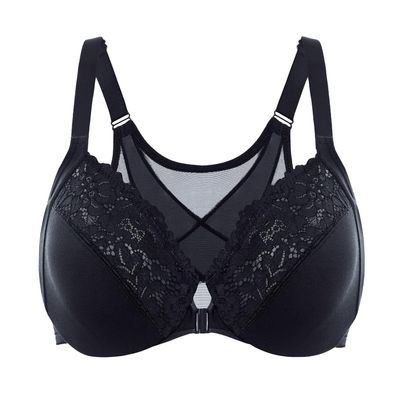 DELIMIRA Women's Front Closure Bras Posture Full Coverage Plus Size Lace Underwire Unlined Bra Black 48F