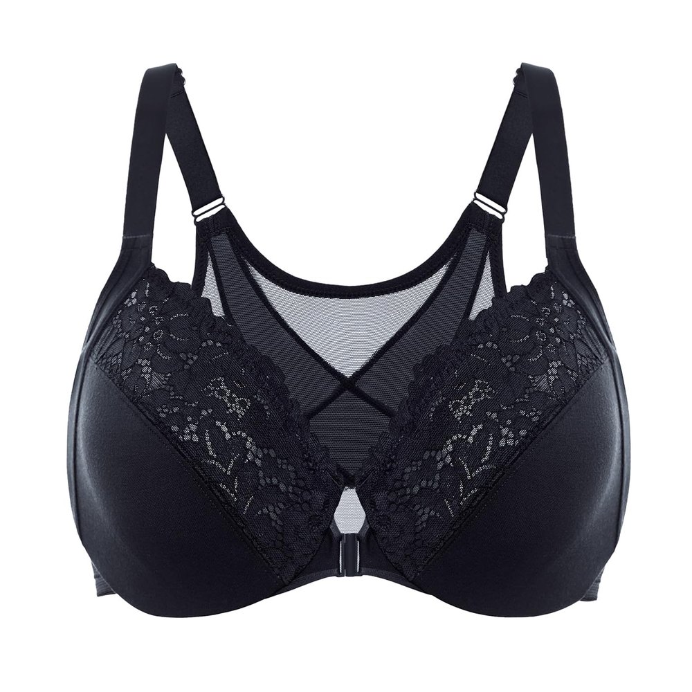 DELIMIRA Women's Front Closure Bras Posture Full Coverage Plus Size Lace Underwire Unlined Bra Black 48F