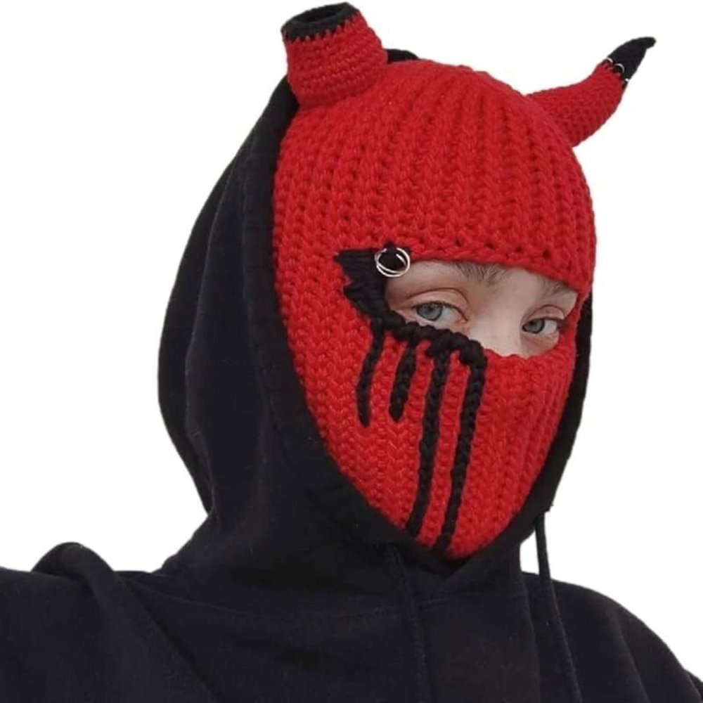 GQABXKDQO Funny Horns Creative Knitted Hat Warm Beanies Full Face Cover Ski Mask Winter Balaclava Hat Cap for Men Women(Rojo)