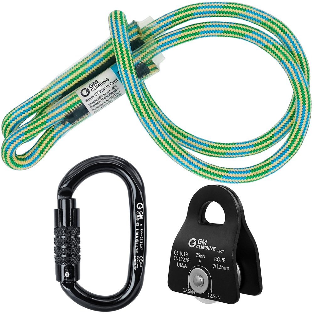 GM CLIMBING Hitch Slack Tending Pulley Kit for Double Rope Climbing System Basic Unit of General Hauling, Black Micro Prusik Minding Pulley, Triple Lock Oval Carabiner, Kevlar & Polyester Hitch Cord