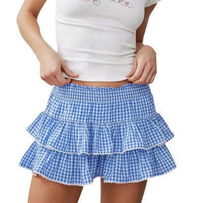 Women Y2K Plaid Tiered Mini Skirt Low Waist Lace Trim Gingham Pleated Short Skirt Cosplay Party Streetwear (B Blue, XL)