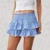 Women Y2K Plaid Tiered Mini Skirt Low Waist Lace Trim Gingham Pleated Short Skirt Cosplay Party Streetwear (B Blue, XL) view 2