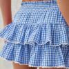 Women Y2K Plaid Tiered Mini Skirt Low Waist Lace Trim Gingham Pleated Short Skirt Cosplay Party Streetwear (B Blue, XL) view 3