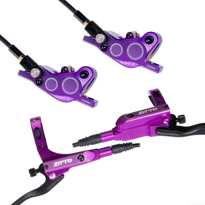4 Pistons Hydraulic Disc Brake Set, Hydraulic Brakes Set for Bicycle Disc 4 Pushes Piston Mountain Bike Aluminum Alloy for Mountain Bike(Purple)