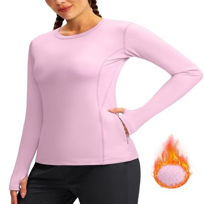 Women's Thermal Fleece Tops Long Sleeve Workout Shirts Running Athletic Base Layer with Thumb Holes Zipper Pocket(Pink,XS)