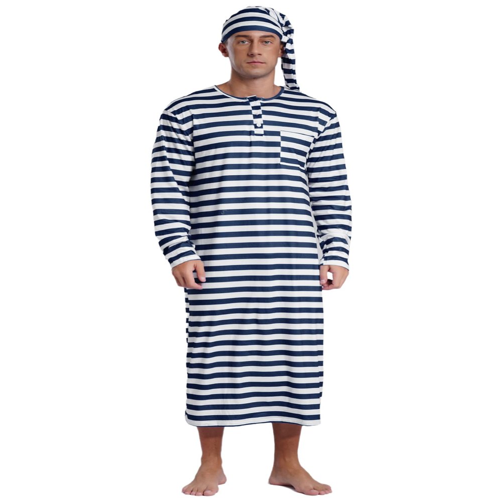 Agoky Men's Nightshirt Long Sleeve Nightgown Striped Round Neck with Buttons Sleep Shirt And Hat Navy Blue Medium