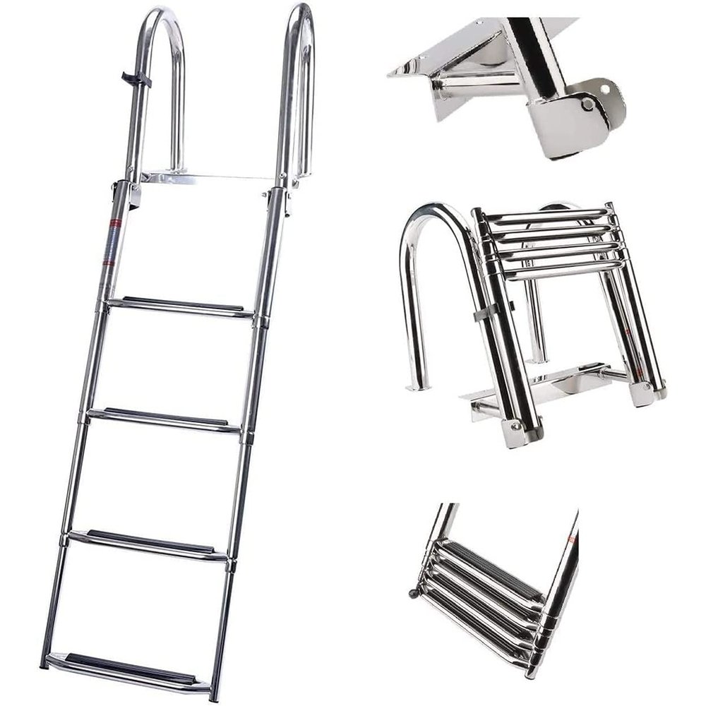 Stainless Steel Boat Ladder, Telescopic Folding Ladder for Swim Pool/Boat/Pontoon, 4 Step Stainless Steel Sub-Platform Sliding Board for Boarding Boat Telescopic Ladder with Extra-Wide Steps