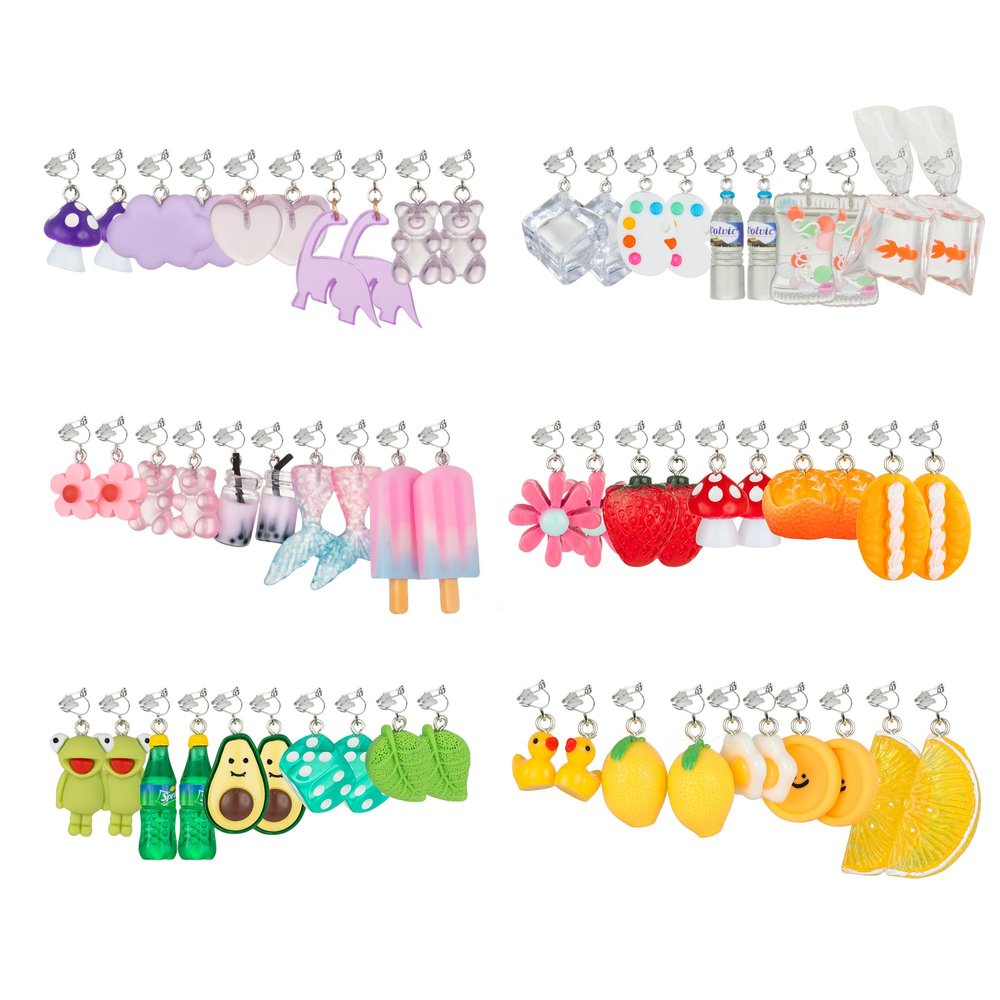30 Pairs Weird Cute Funny Fun Dangle (or Clip on) Earrings set for Women Unique Bear Duck Mushroom Fruit Flowers Food Animal Drop Dangle Aesthetic Earrings Gifts for Women (clip on)