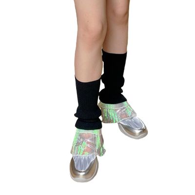 jiahesuw Womens Japanese Girls Ribbed Knit Stretch Leg Sweet Colorful Ruffle Lace Trim Flared Leg Warmer Sleeve Calf Socks