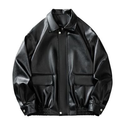 Mens Oversized Leather Jackets Zip Up Faux Bomber Jacket 90s Vintage Biker Racing Moto Jacket Coat with Pockets Black