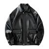 Mens Oversized Leather Jackets Zip Up Faux Bomber Jacket 90s Vintage Biker Racing Moto Jacket Coat with Pockets Black view 1