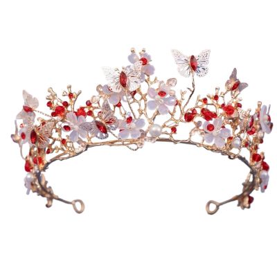 Silver Color Purple Crystal Butterfly Bridal Tiaras Crowns Headpiece Rhinestone Pageant Diadem Wedding Hair Accessories(Gold Red)