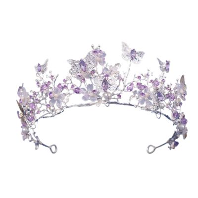 Silver Color Purple Crystal Butterfly Bridal Tiaras Crowns Headpiece Rhinestone Pageant Diadem Wedding Hair Accessories(Silver Purple)