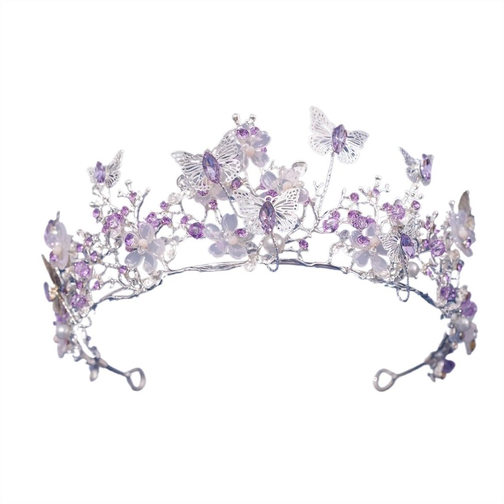Silver Color Purple Crystal Butterfly Bridal Tiaras Crowns Headpiece Rhinestone Pageant Diadem Wedding Hair Accessories(Silver Purple)