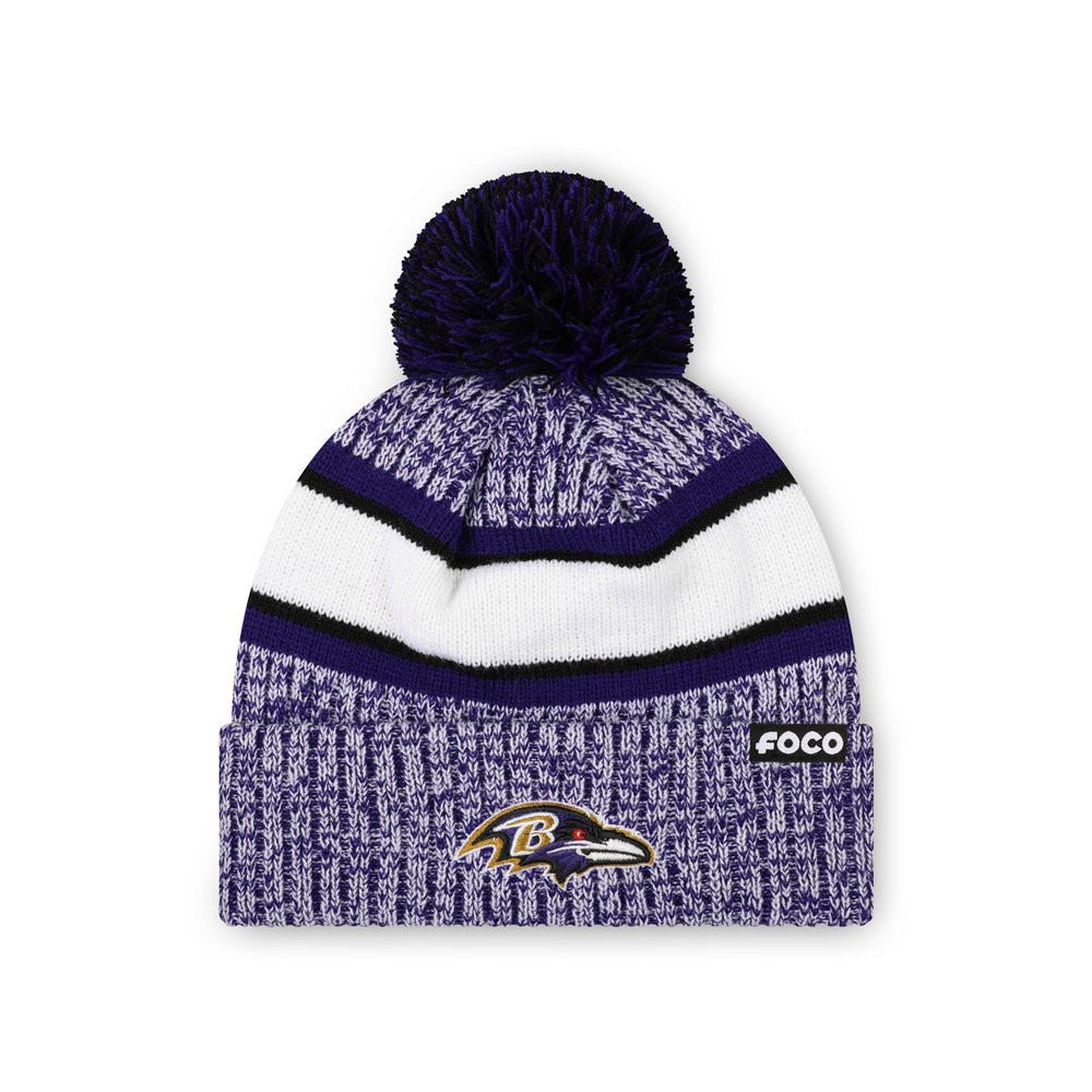 FOCO Baltimore Ravens NFL Heather Team Stripe Lined Pom Beanie