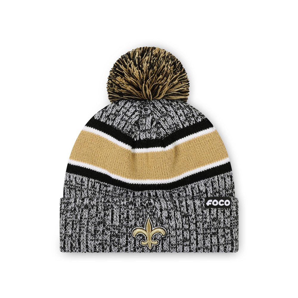 FOCO New Orleans Saints NFL Heather Team Stripe Lined Pom Beanie