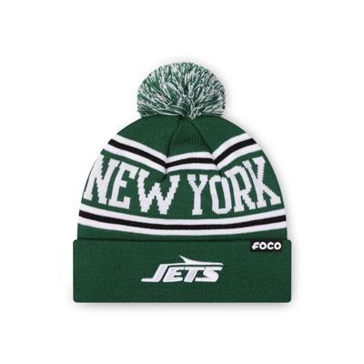 FOCO New York Jets NFL Primary Logo Stripe Pom Beanie - Dark Green
