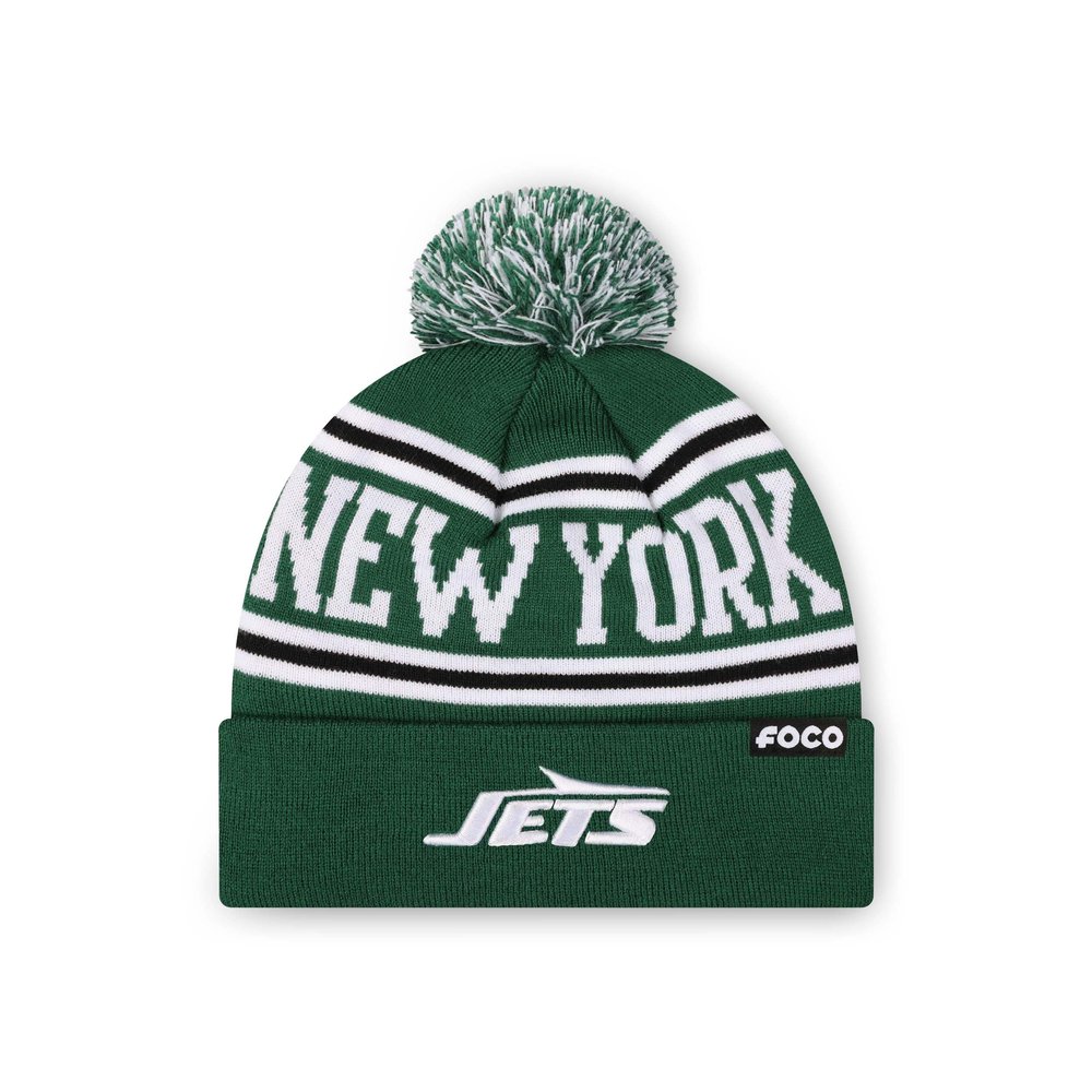 FOCO New York Jets NFL Primary Logo Stripe Pom Beanie - Dark Green