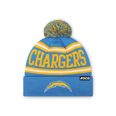 FOCO Los Angeles Chargers NFL Primary Logo Stripe Pom Beanie - Blue Raz
