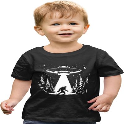 2T Black Toddler UFO Capturing Bigfoot in The Forest Funny Sasquatch Toddler T-Shirt