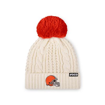 FOCO Cleveland Browns NFL Womens Primary Logo Cable Knit Pom Beanie - White