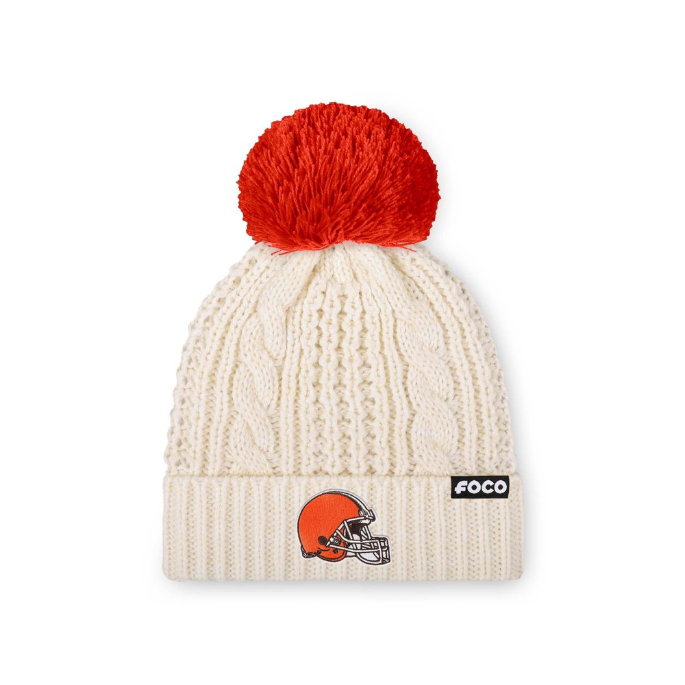 FOCO Cleveland Browns NFL Womens Primary Logo Cable Knit Pom Beanie - White
