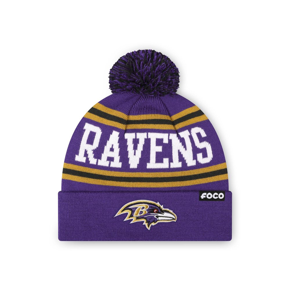 FOCO Baltimore Ravens NFL Primary Logo Stripe Pom Beanie - Purple