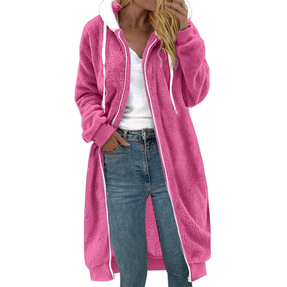 Fuzzy Fleece Jackets for Women Fall Winter Long Sleeve Warm Casual Full Zip Faux Fur Teddy Bear Hooded Cardigan Sherpa Coat Outwear Hot Pink