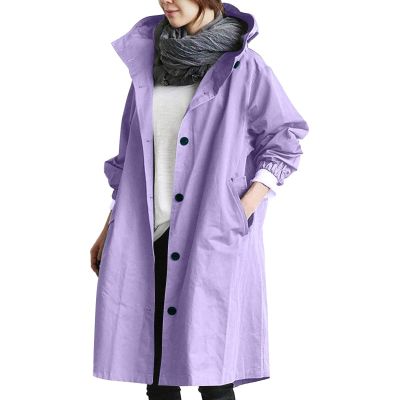 Lightweight Travel Fall Trench Coat for Women 2024 Petite Long Sleeve Single Breasted Long Hooded Windbreaker Jacket Overcoat with Pockets Purple