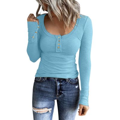 Blouses for Women Dressy Casual Long Sleeve Square Neck Ribbed Knit Henley T Shirts Solid Color Basic Going Out Tunic Tops 2024 Fashion Fall Clothes Outfits Light Blue