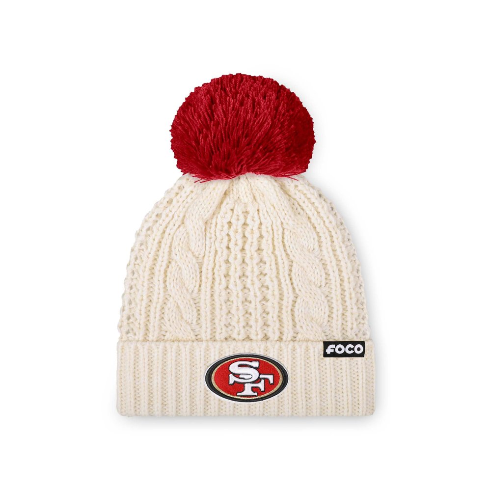 FOCO San Francisco 49ers NFL Womens Primary Logo Cable Knit Pom Beanie - White