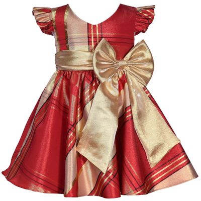 Bonnie Jean Girls 2T-16 Metallic Plaid Taffeta Christmas Bow Dress (Red-Gold, 4T)