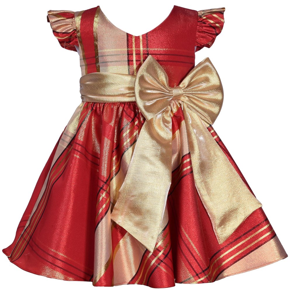 Bonnie Jean Girls 2T-16 Metallic Plaid Taffeta Christmas Bow Dress (Red-Gold, 4T)