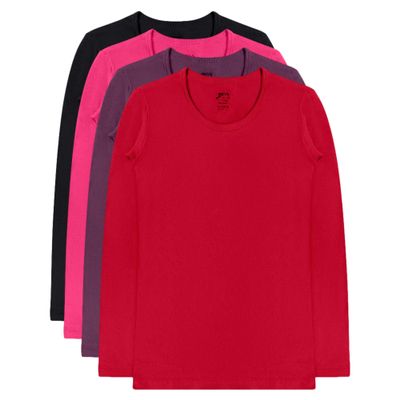 Brix Girls' Long Sleeve Tees - 100% Cotton Tagless 4 -Pack Crew Neck Super Soft Cotton T Shirts. (US, Age, 7 Years, 8 Years, Purple, Black, Red, Fuschia Pink)