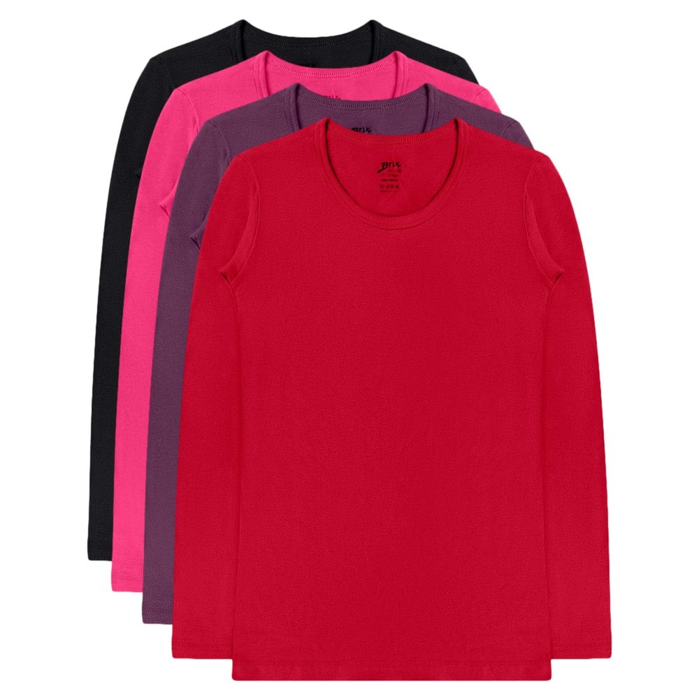 Brix Girls' Long Sleeve Tees - 100% Cotton Tagless 4 -Pack Crew Neck Super Soft Cotton T Shirts. (US, Age, 14 Years, 16 Years, Purple, Black, Red, Fuschia Pink)