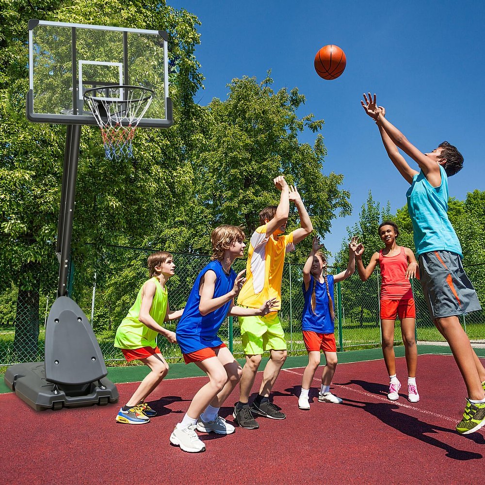 Height Adjustable 7 to 10ft Basketball Hoop 44 Inch Backboard Portable Basketball Goal System with Stable Base and Wheels, use for Outdoor (Black+ Gray)