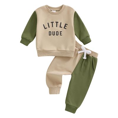 Covvoliy Toddler Newborn Baby Boy Outfit Long Sleeve Little Dude Print Sweatshirt Top Long Pants Infant Fall Winter 2PCS (Light Green, 12-18 Months)