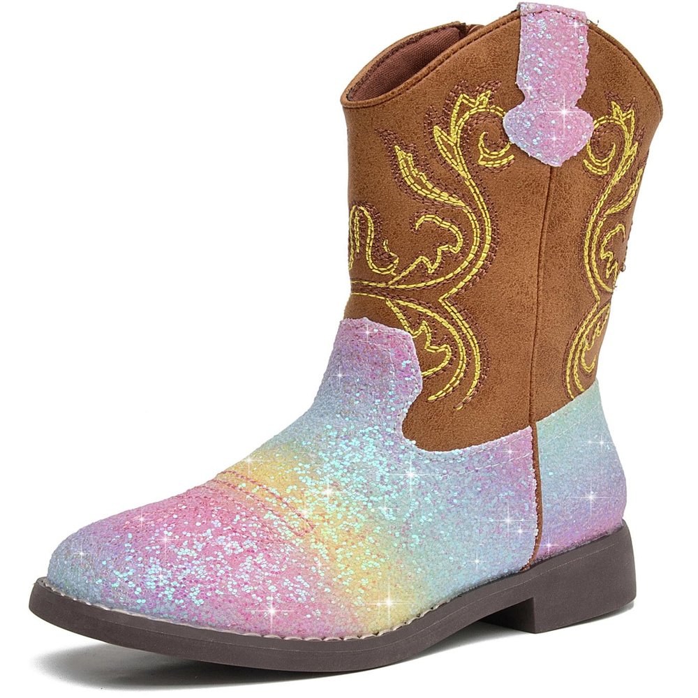 DADAWEN Kids Glitter Square Toe Cowgirl Boots Cowboy Western Boots Boys Girls Mid Calf Riding Shoes With Side Zipper Rainbow US Size 5 M Big Kid