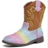 DADAWEN Kids Glitter Square Toe Cowgirl Boots Cowboy Western Boots Boys Girls Mid Calf Riding Shoes With Side Zipper Rainbow US Size 5 M Big Kid view 1