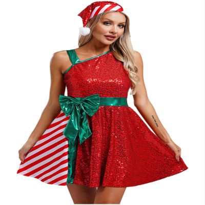 winying Women Christmas Santa Claus Costume Sequins Dance Dress with Santa Hat Set Xmas Party Costume Red XX-Large
