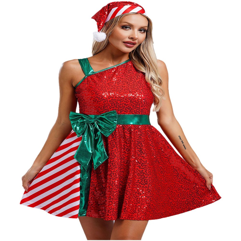 winying Women Christmas Santa Claus Costume Sequins Dance Dress with Santa Hat Set Xmas Party Costume Red XX-Large