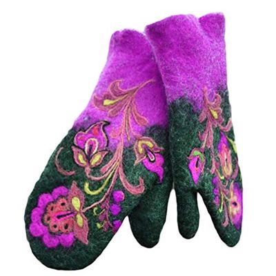 LiuliuBull Winter Cashmere Thicken Warm Full Finger Gloves Ethnic Vintage Colorful Floral Embroidered Thermal Mittens(Purple)