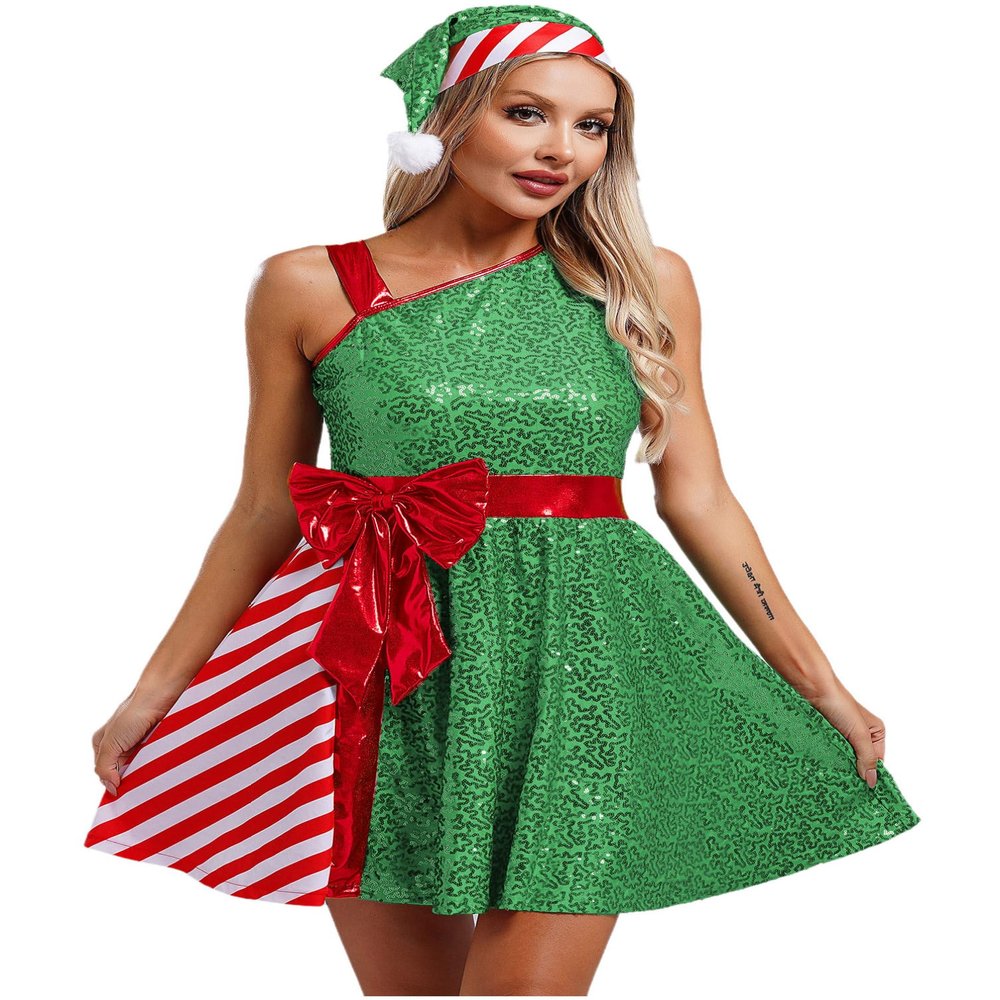 winying Women Christmas Santa Claus Costume Sequins Dance Dress with Santa Hat Set Xmas Party Costume Green XX-Large