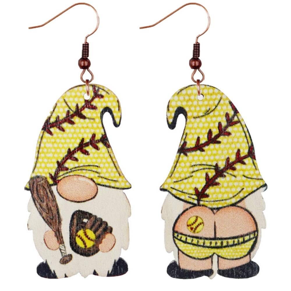 Pingyongchang Cute Sport Gnome Wood Earrings Funny Baseball Football Soccer Softball Rugby Ice Hockey Golf Wooden Dangle Drop Earrings for Women Games Day Jewelry Sport Lover Gift-Softball