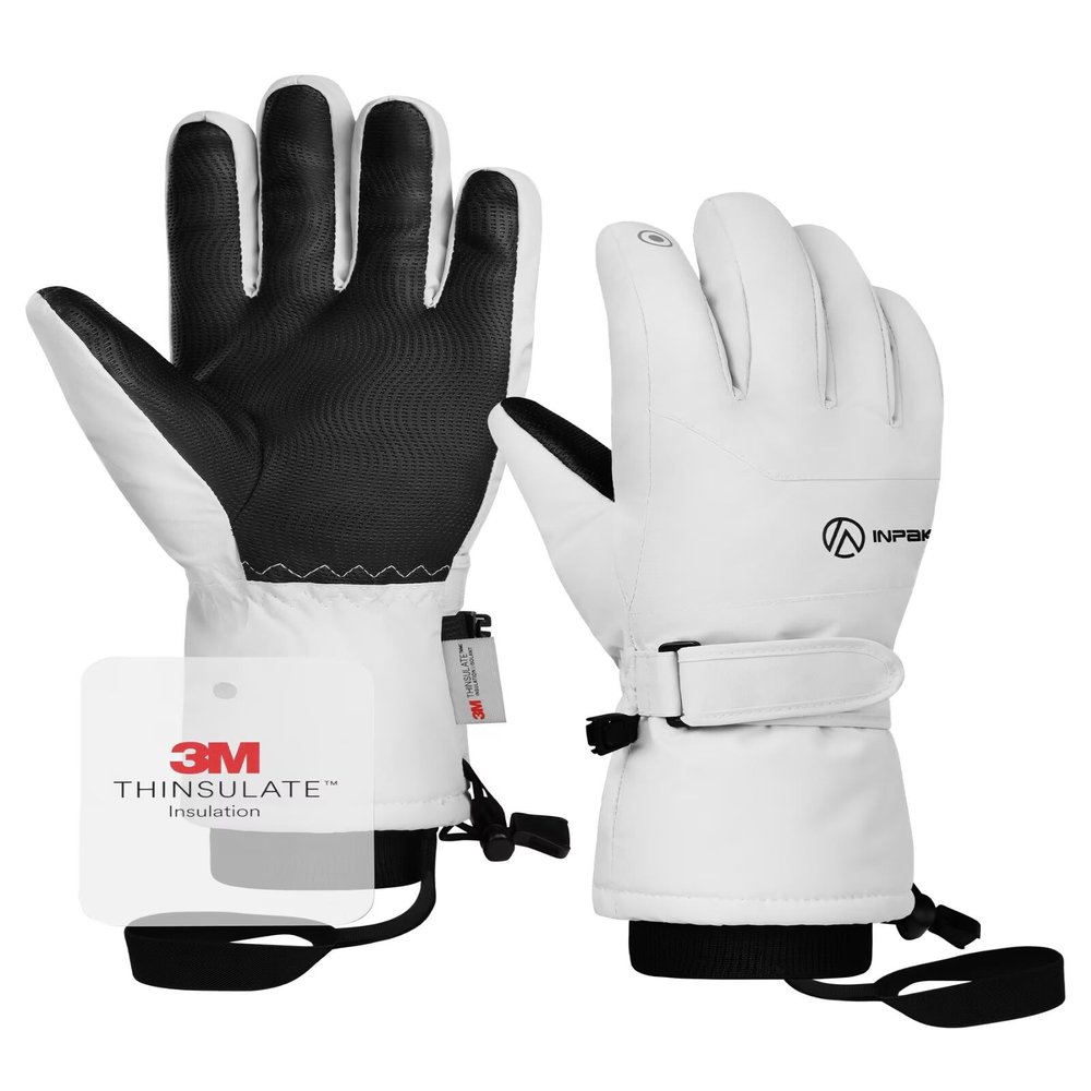 INPAKO Winter Ski Gloves Men Women, 3M Thinsulate Snow Gloves, Waterproof Windproof Touchscreen Snowboarding Gloves, 5-Layer Thermal Warm Cold Weather Gloves for Skiing, Snowboard, Snowmobile White XL